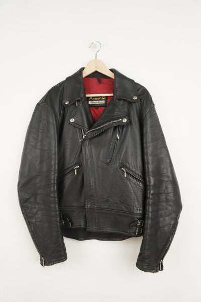 Vintage Mascot black leather motorcycle jacket with multiple pockets and buckle details