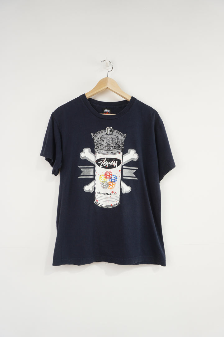 Vintage Stussy navy blue t-shirt, with spray paint can graphic on the front 