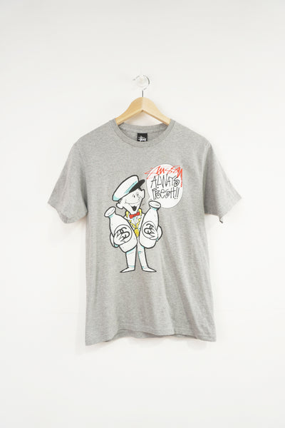 Stussy grey t-shirt with milk man graphic on the front