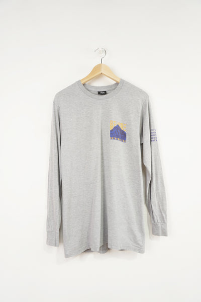 Stussy long sleeve grey t-shirt with mountain graphic on the chest and back