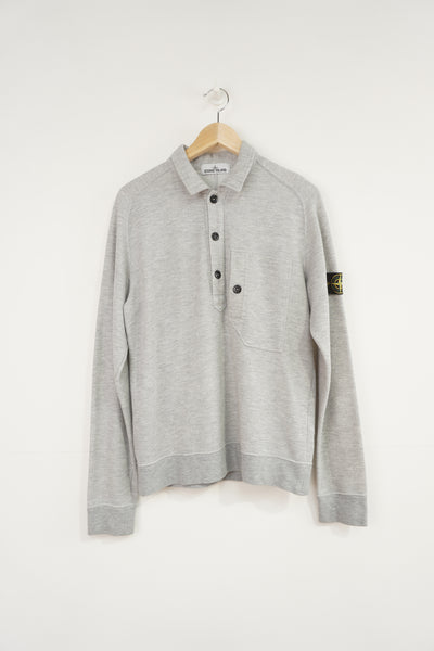 Stone Island grey 1/4 button up polo shirt with utility style pocket and badge on the arm