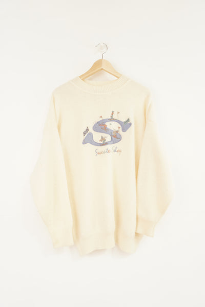 Vintage The Sweater Shop cream knitted jumper with embroidered ski motiff on the front