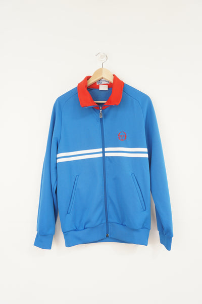 Vintage 80's Casual Sergio Tacchini blue tracksuit top with embroidered logo on the chest and white stripe details 