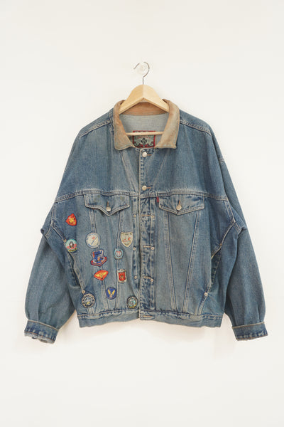 Vintage Avirex flight patch denim jacket, features multiple embroidered badges