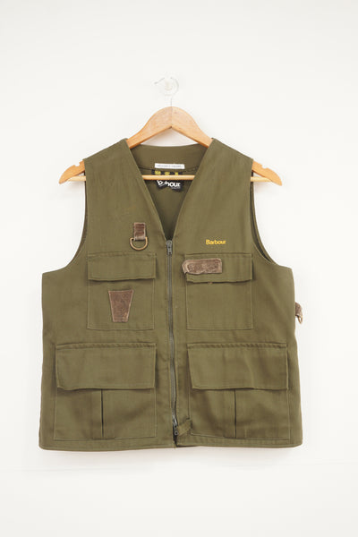 Vintage Barbour green cotton gilet with suede patches, made in England tag on inside of jacket