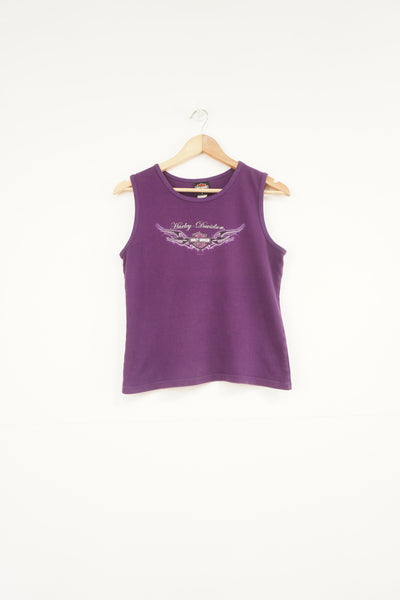 Harley Davidson purple vest top with printed tattoo style logo on the front and back