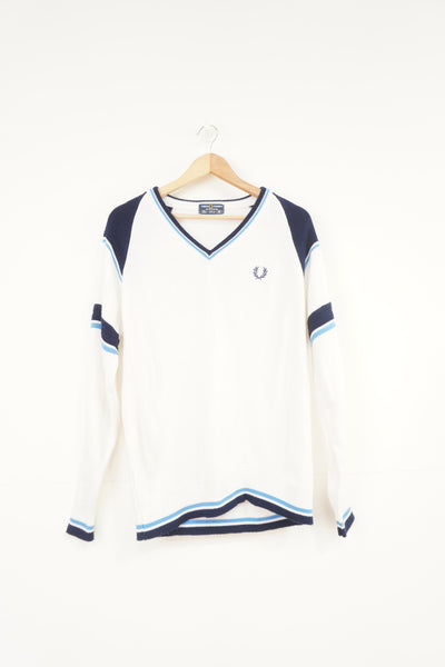 Vintage Fred Perry white and blue knitted v-neck jumper with embroidered logo on the chest