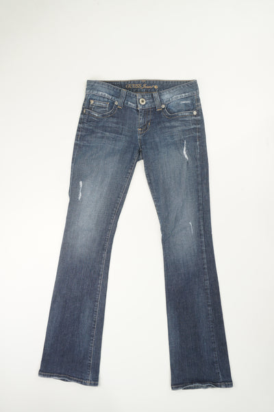Y2K Guess distressed, slightly flared jeans with embroidered back pockets.
