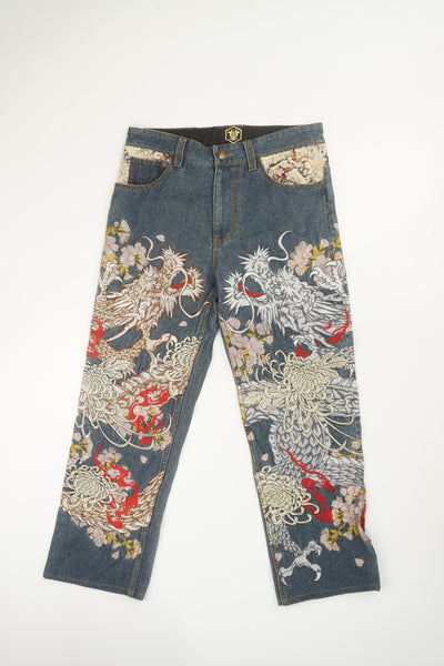 The Japaneses Tradition, heavily embroidered high waisted jeans with multiple pockets