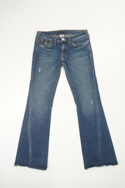 True Religion low rise, slim fit flared jeans with embroidered logo on back pockets