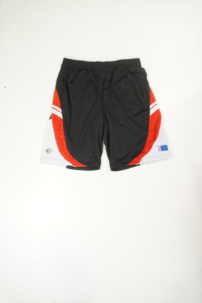 NBA basketball black and red training shorts with embroidered logos and badges