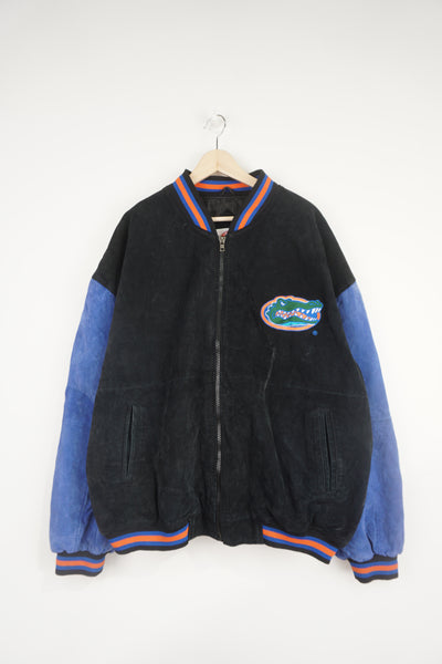 Vintage Florida Gators black and blue suede bomber jacket with embroidered badge and spell-out details