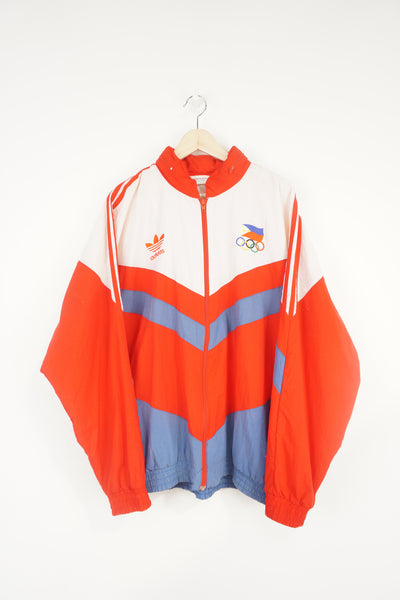Vintage red and white Adidas x Philippines Olympic tracksuit top with embroidered logo on the chest, spell-out details on the back and foldaway hood