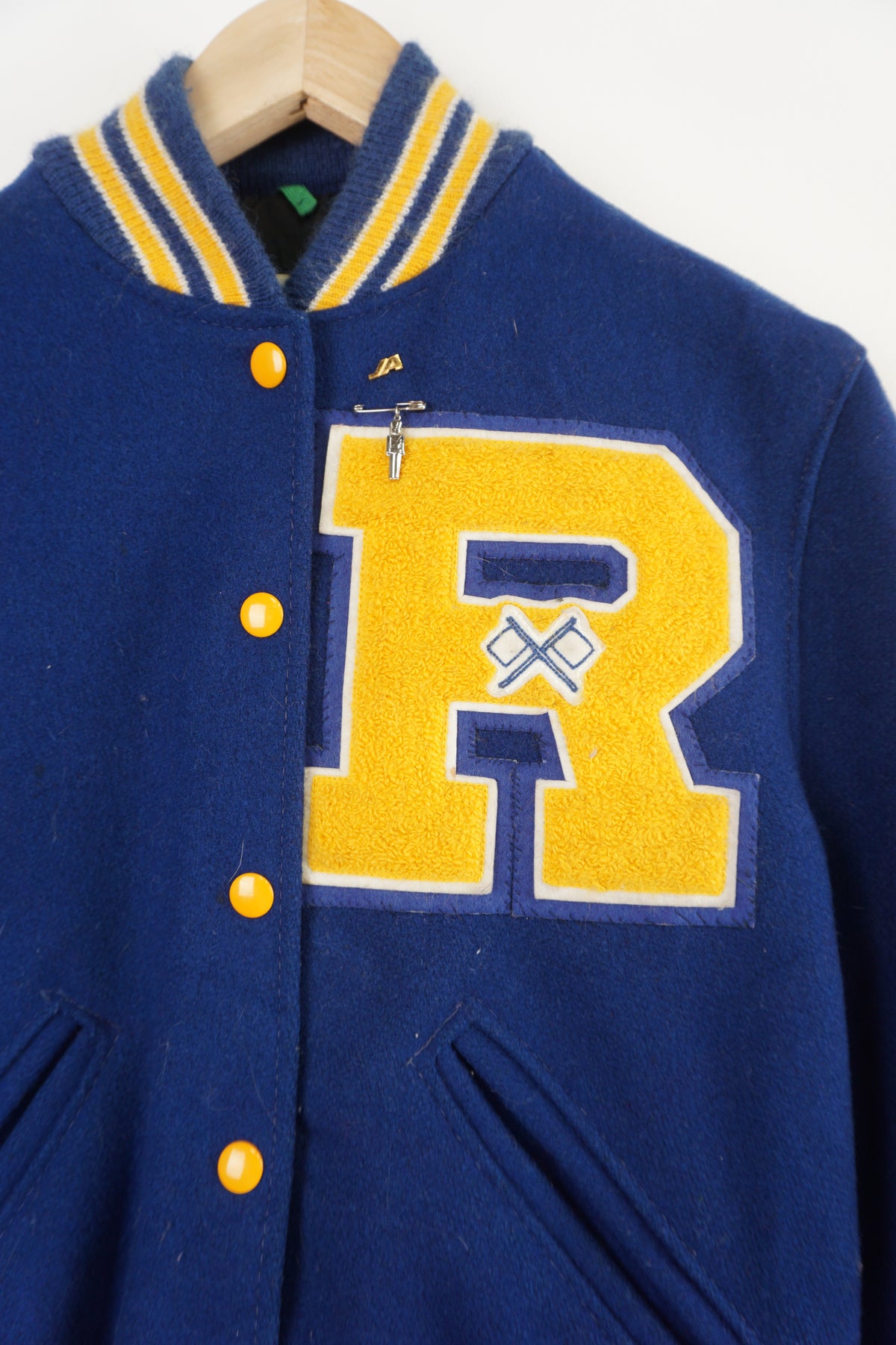 Vintage Wool/Naugahyde Blue/Yello Letterman Jacket Patches Letters Mns Lrg  GOOD!