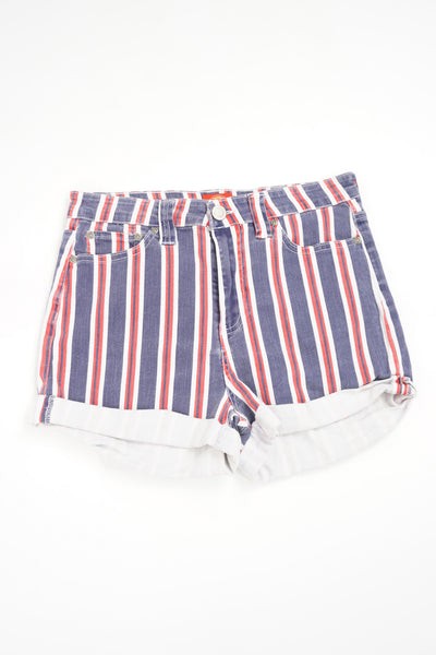 Blue and red pin striped Dickies high waisted shorts with logo on back pocket