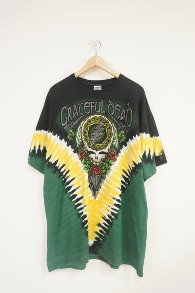 Vintage Y2K Grateful Dead green and black tie dye t-shirt by Gildan, with graphics on the front and back