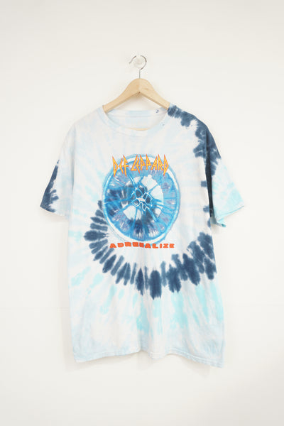 Def Leppard blue tie dye t-shirt with spell-out graphic on the front