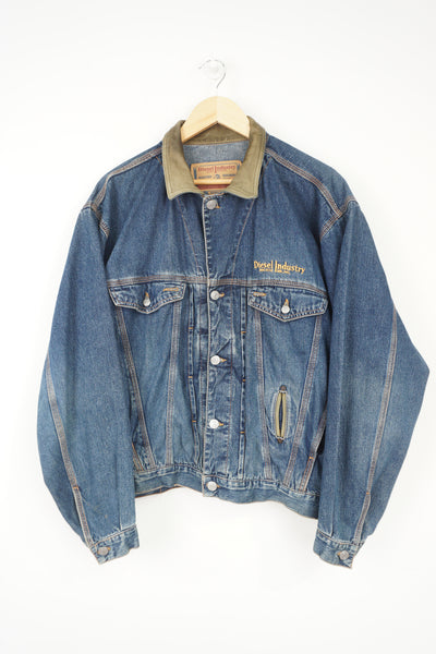 Vintage Diesel denim trucker jacket with embroidered spell-out logo on the chest, leather collar and multiple pockets