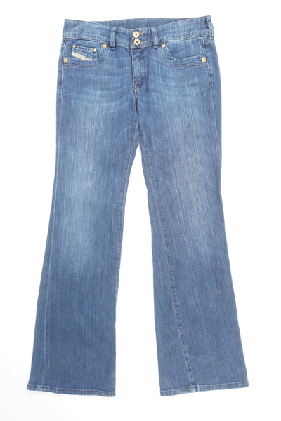 Diesel 'Ronhar' dark wash low rise flared leg jeans with signature logo on the pocket