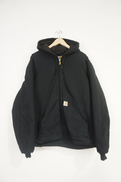 Black heavy duty cotton hooded Carhartt  jacket with embroidered logo on the pocket