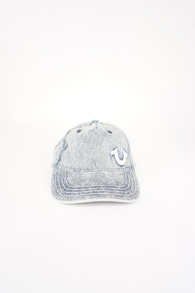 Y2K True Religion acid wash denim baseball cap with white embroidered logo and adjustable strap  good condition