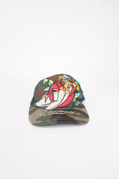 Y2K Green camo Ed Hardy trucker style cap with embroidered design, green net back and adjustable strap  good condition 
