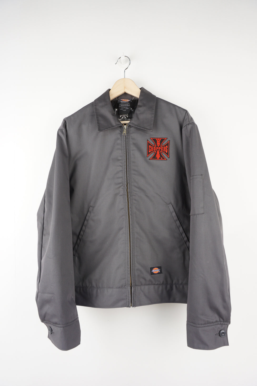 Dickies x West Coast Choppers grey zip up cotton jacket with embroidered badge and large motif on the back