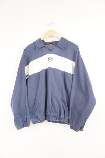 Vintage 90's blue/grey Nike cotton drill top with pockets and embroidered logo on the chest 