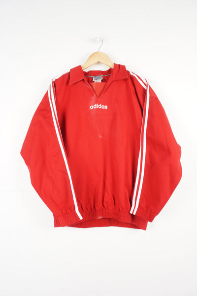 Vintage 90's Adidas  red cotton drill top with printed logo on the chest and printed logo on the back