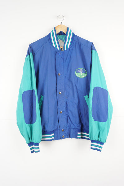 Vintage 1987-89 Chelsea Collection green and blue cotton bomber jacket with embroidered badge on the chest