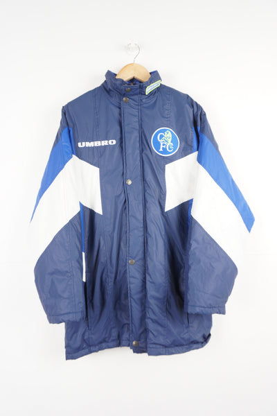 Vintage 1998-00 Chelsea x Umbro Coat blue bench coat with embroidered logo on the chest and printed sponsor on the back