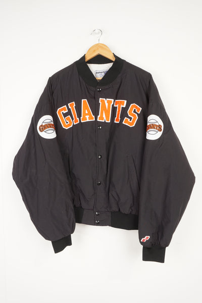 Vintage San Francisco Giants black button up bomber jacket with embroidered spell-out details on the front and sleeves