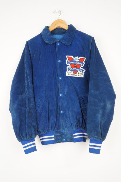 Vintage Victoria B.C 'Canadians Oldtimers' blue corduroy bomber jacket  features embroidered spell-out details on the chest