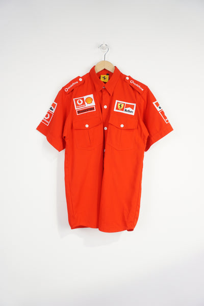 Vintage Formula One, Ferrari all red button up cotton shirt with embroidered badges and sponsors