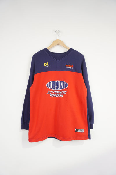 Vintage 90's Jeff Gordon #24 Dupont red and blue sweatshirt by Chase Authentics, featuring embroidered spell-out details across the chest and back of the neck