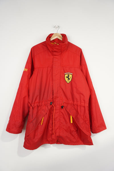 Rare vintage 1995 all red Ferrari zip through padded coat, features embroidered badge on the chest and collar