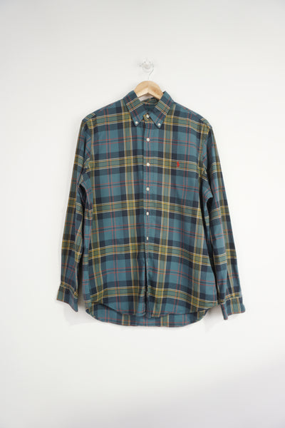 Ralph Lauren blue and green plaid, button up cotton with signature embroidered logo on the chest