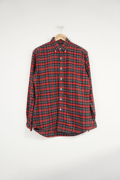 Ralph Lauren red plaid button up cotton shirt with signature embroidered logo on the chest