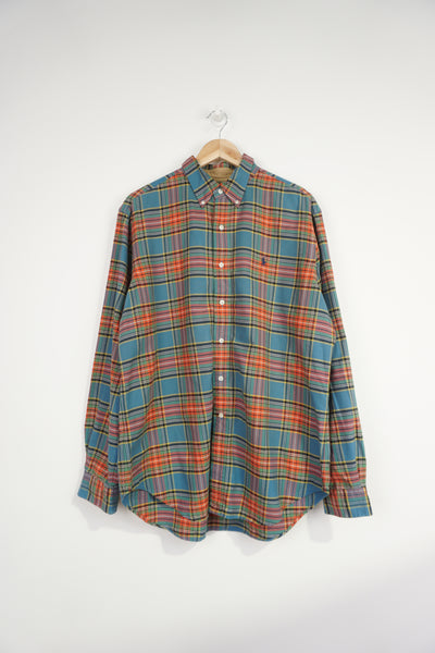 Ralph Lauren blue and orange plaid, button up cotton with signature embroidered logo on the chest 