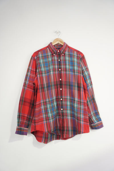 Ralph Lauren red plaid, button up cotton shirt with signature embroidered logo on the chest