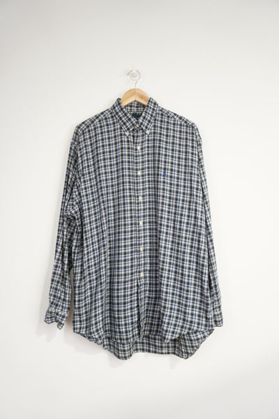 Ralph Lauren blue plaid, button up cotton with signature embroidered logo on the chest 
