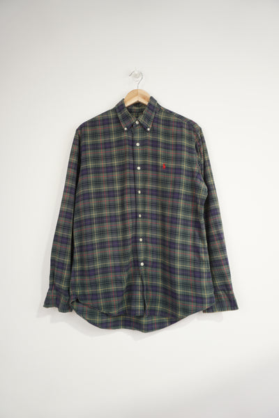 Ralph Lauren green and blue plaid, button up cotton shirt with signature embroidered logo on the chest