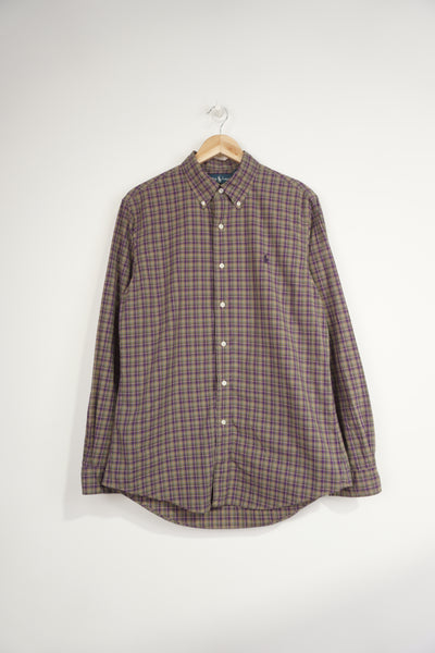 Ralph Lauren green and purple plaid button up cotton shirt with signature embroidered logo on the chest
