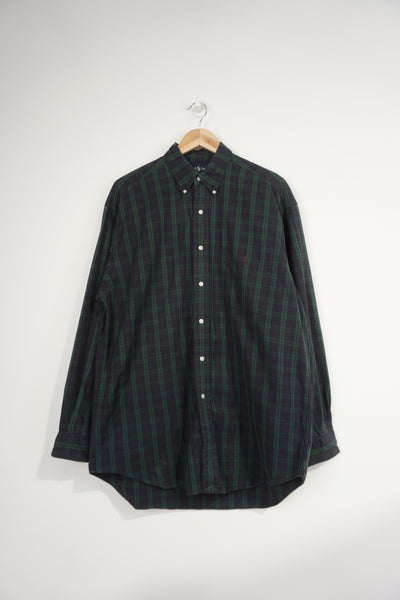 Ralph Lauren blue and green plaid, button up cotton 'big shirt' with signature embroidered logo on the chest