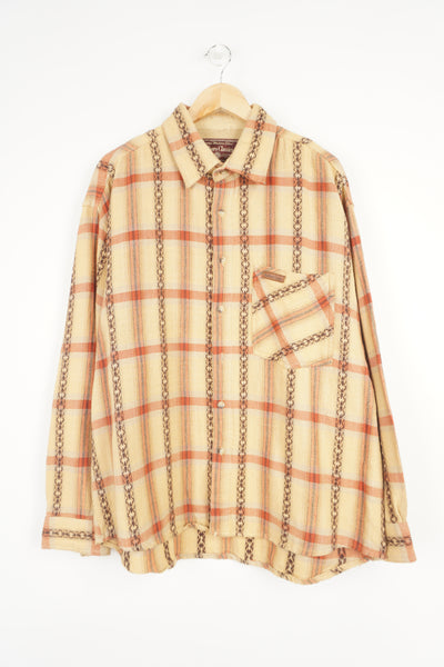 Marlboro Classic tan embroidered button up shirt with embroidered logo on chest pocket