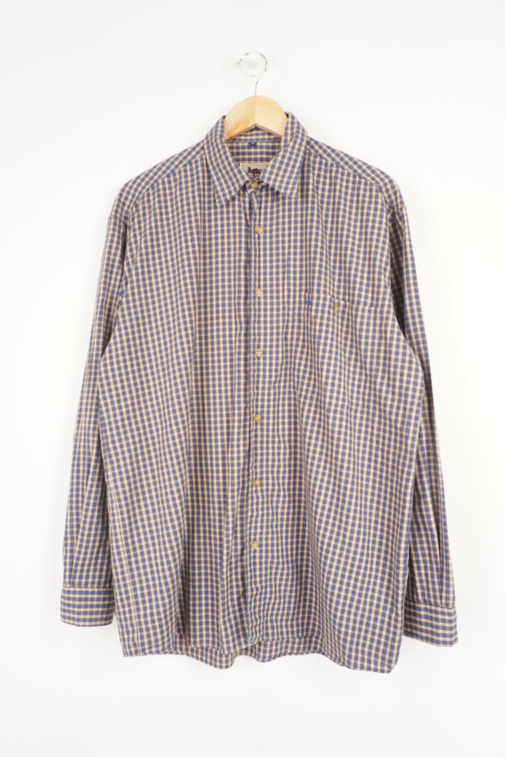 Camel Collection blue and brown checked cotton button up shirt with embroidered logo on the chest
