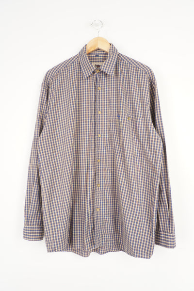 Camel Collection blue and brown checked cotton button up shirt with embroidered logo on the chest