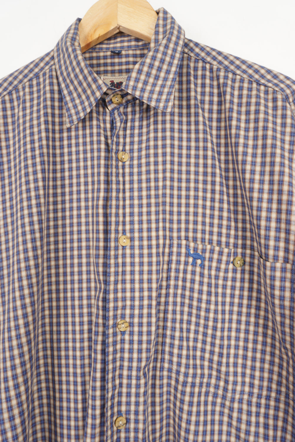 Camel Collection blue and brown checked cotton button up shirt with embroidered logo on the chest