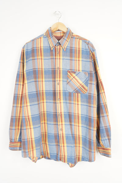 Marlboro Classic blue and tan large check button up shirt with embroidered logo on chest pocket
