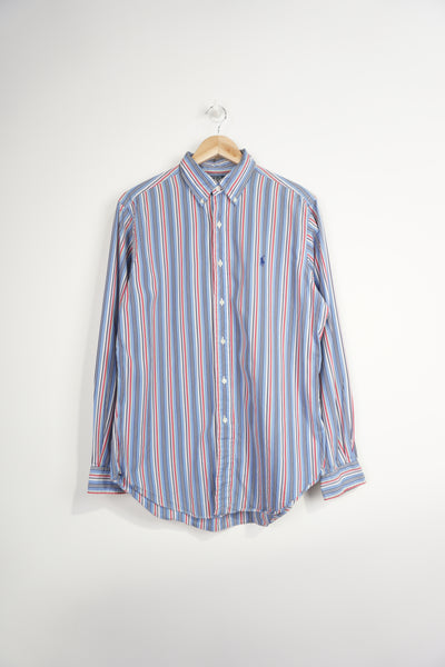 Ralph Lauren blue striped, button up cotton shirt with signature embroidered logo on the chest